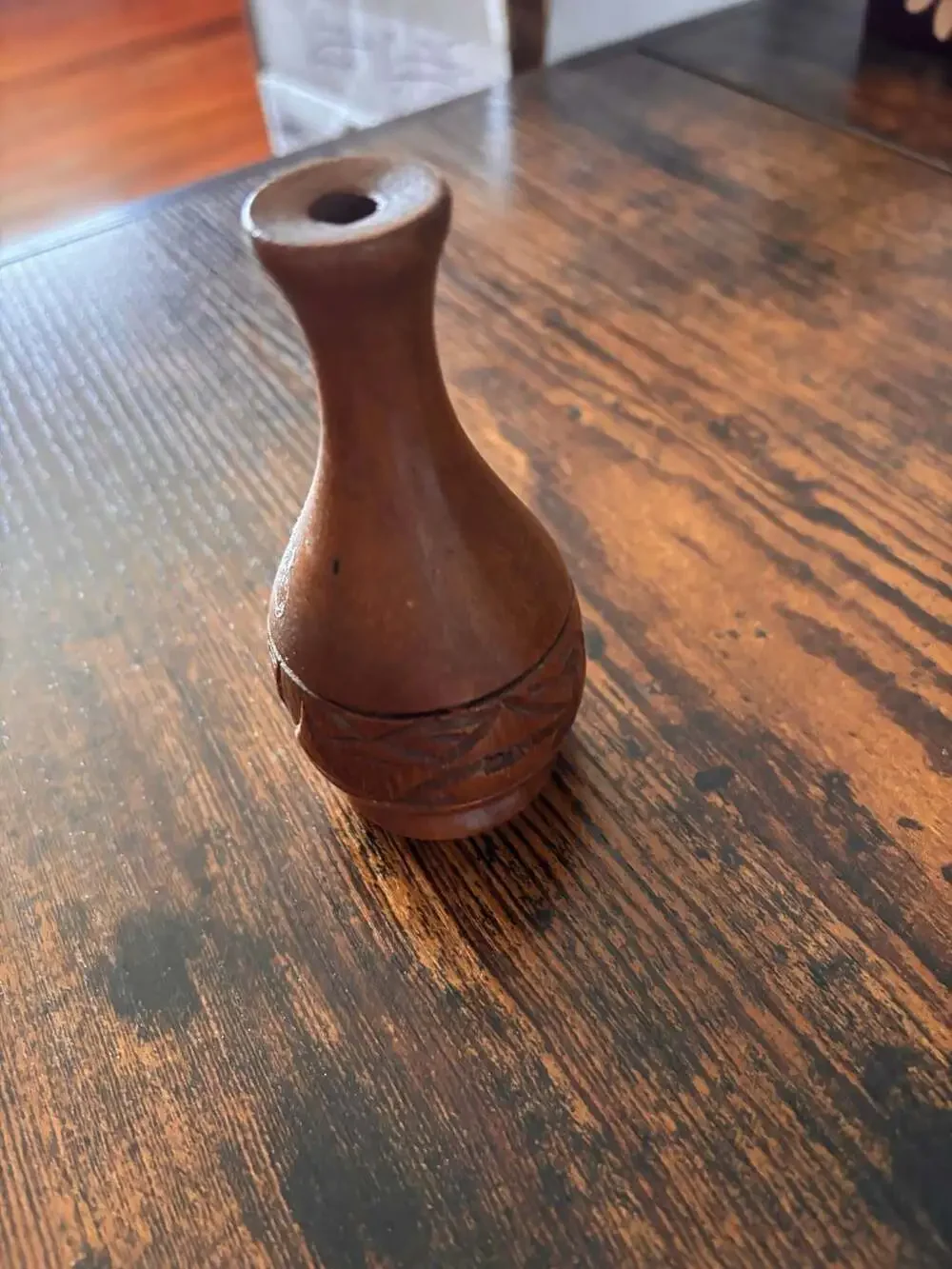 Hand Carved Wooden Bud Vase with Geometric Pattern